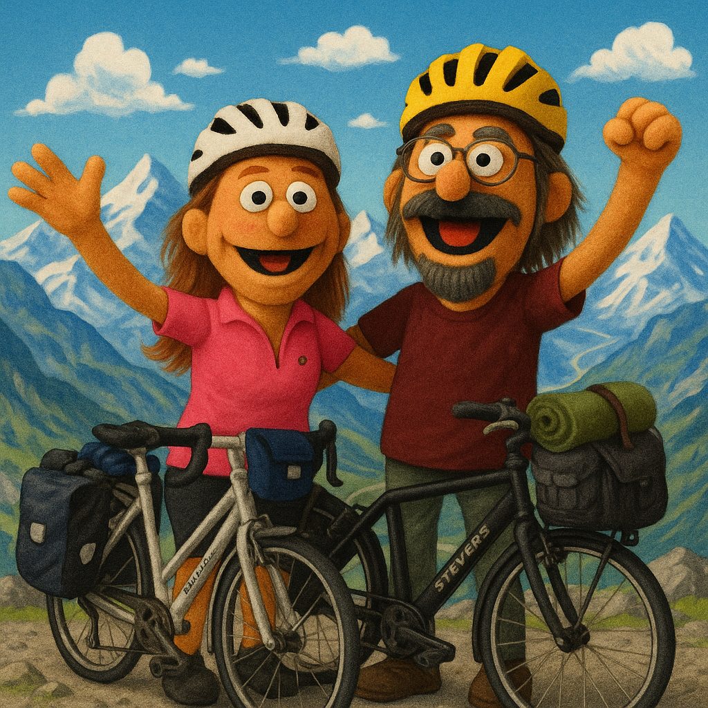 Ed en Clau met hun bepakte fietsen in de bergen